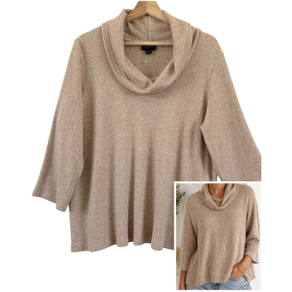 J Jill Wearever Cowl Neck Sweater Waffle Knit Relaxed Soft Neutral Minimalist L